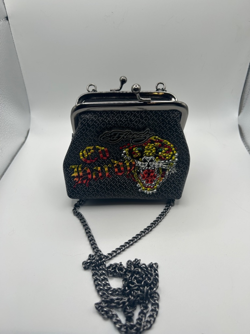 Ed Hardy Black Graphic Kiss-Lock Wristlet with Chain